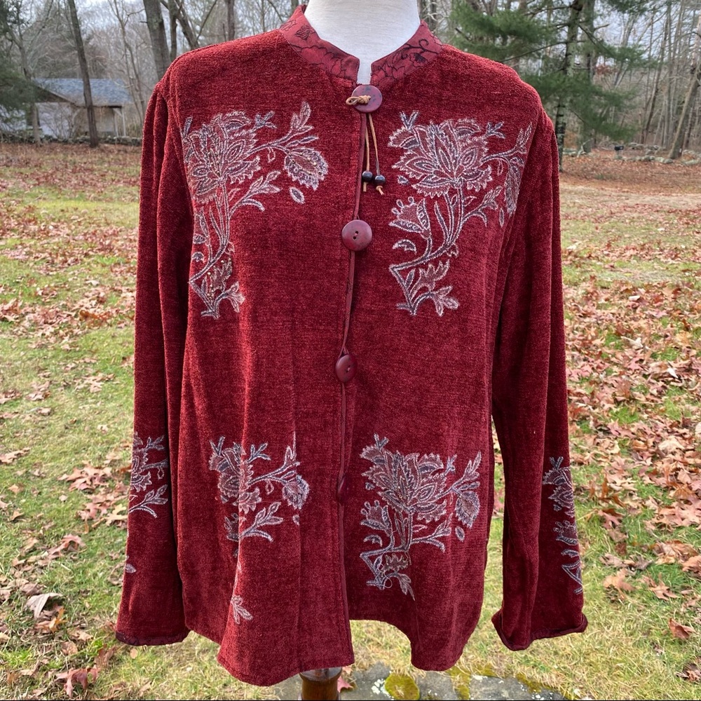 FLASHBACK JACKET COAT NWT NEW RED HAND PRINTED WHITE GRAY FLORAL BEADS Size M